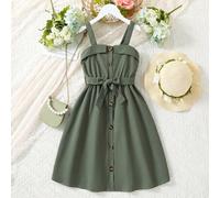 Shein Vestido informal para niña preadolescente con cuello plegable, tirantes, botones y cinturón