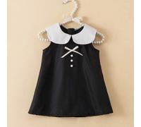 Shein Vestido informal sin mangas para bebé niña con cuello Peter Pan, moño y botones de imitación de perla