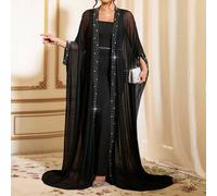 Shein Vestido largo ajustado de talla grande para mujer con decoración de cuentas de malla de punto semitransparente, color negro