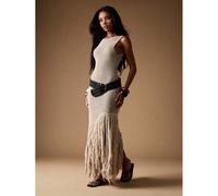 Shein Vestido largo asimétrico de punto con flecos, estilo bohemio chic para otoño e invierno, sin mangas, tipo tank, ajustado, para fiesta, vacaciones y us