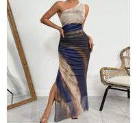 Shein Vestido largo con abertura alta, cuello asimétrico, fruncido y tul de color degradado para mujer
