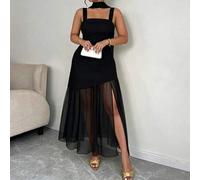 Shein Vestido largo con abertura alta para mujer de talla grande, vestido largo sin mangas de un solo color con bufanda, adecuado para la oficina, citas, us