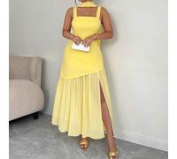 Shein Vestido largo con abertura alta para mujer de talla grande, vestido largo sin mangas de un solo color con bufanda, adecuado para la oficina, citas, us