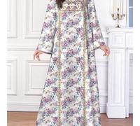 Shein Vestido largo con cuello en V de manga larga con estampado floral y de impresión, elegante vestido de estilo árabe para mujer, primavera/verano