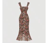 Shein Vestido largo con dobladillo de cola de sirena con estampado floral caqui - Vintage de los 70, Y2K, cita, fiesta, tribunal, festivo, cumpleaños, baile