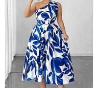 Shein Vestido largo con estampado floral azul y blanco para mujer de talla grande, elegante vestido largo con tirantes estilosos adecuado para volver al col