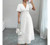 Shein Vestido largo con forro, estilo elegante y casual francés, uso diario o vacaciones, unicolor, textura bordada, escote en V, decoración de botones en l