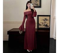 Shein Vestido largo con hombros descubiertos y volantes en el bajo, vestido elegante con forro térmico para ocasiones de otoño y regreso a la escuela, vesti