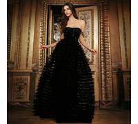 Shein Vestido largo con parches de malla con lentejuelas negras, hecho a mano con cuentas, con espalda descubierta y cruzado en la espalda, para fiestas, oc