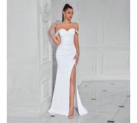 Shein Vestido largo de cóctel, baile y regreso al hogar elegante tipo corsé con hombros descubiertos y abertura alta para fiesta, boda semiformal y ocasione