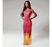Shein Vestido largo de crochet con escote halter y cuello en V, ajuste recto, degradado de color, flecos en el bajo, ideal para vacaciones, primavera, veran