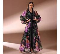 Shein Vestido largo de dos piezas con estampado elegante y diseño de manga farol con cuello en V, tela no elástica para vacaciones de primavera