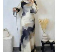 Shein Vestido largo de estilo árabe para mujer, de tela de punto, con estampado abstracto, cuello redondo y mangas acampanadas de moda para la primavera