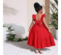 Shein Vestido largo de estilo bohemio para niña con cuello cuadrado, mangas de volantes, espalda descubierta con lazo, estampado totem en blanco y negro, mi