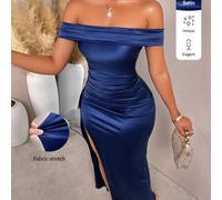 Shein Vestido largo de fiesta con diseño de satén, volantes y pliegues para mujer Amarilo, ideal para citas elegantes y fiestas casuales con estilo, última