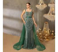 Shein Vestido largo de gala con falda de tul transparente, escote hombros descubiertos y dobladillo de cola de sirena con cuentas en color verde esmeralda l