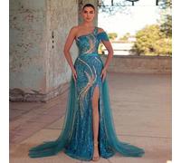 Shein Vestido largo de gala con hombros descubiertos, cuentas de esmeralda brillantes, vestido con abertura de sirena, decoración de tul multicapa, adecuado