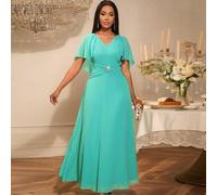 Shein Vestido largo de gasa verde menta para invitadas de boda, con cuello en V, mangas tipo capa, drapeado y línea A. Vestido formal para mujeres, atuendo