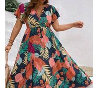 Shein Vestido largo de línea A con volantes cortos y cuello en V con estampado tropical para mujer de talla grande