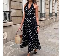 Shein Vestido largo de lunares negros estilo vintage francés - Vestido largo elegante y fluido con escote en V para mujer, ideal para primavera, dulce y atr