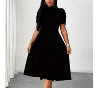 Shein Vestido largo de manga corta y corte evasé para mujer talla grande, vestido negro casual y elegante de cuello alto para uso diario y de oficina, prima