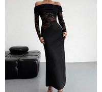 Shein Vestido largo de manga larga, ajustado y escotado, con tejido de malla transparente, escote asimétrico y cintura baja, en color rojo, elegante y sexy,