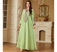 Shein Vestido largo de manga larga con cuello en V, bordado con lentejuelas y lazo estilo árabe, para primavera/verano, estilo modesto tipo kaftan