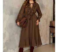 Shein Vestido largo de manga larga con cuello en V, cintura con lazo y volantes, estilo romántico de vacaciones, elegante estilo francés vintage para oficin