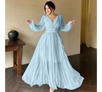 Shein Vestido largo de manga larga con escote en V y espalda descubierta, vestido elegante y fluido de estilo griego de diosa blanca