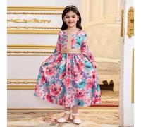 Shein Vestido largo de manga larga con estampado floral vintage de rosa y línea A para niñas jóvenes, con detalles dorados tejidos, para vacaciones familiar