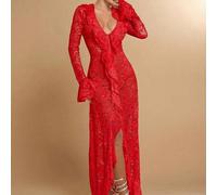 Shein Vestido largo de manga larga con volantes, escote profundo en V, elegante y sencillo, de color blanco sólido, para verano y principios de primavera. V