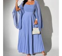 Shein Vestido largo de manga larga de gasa plisada elegante y romántico para mujeres de talla grande, adecuado para fiestas