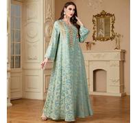 Shein Vestido largo de manga larga modesto y elegante con cuello redondo, recortes de lentejuelas y parches, color verde, estilo árabe, para primavera y vac