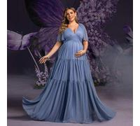 Shein Vestido largo de maternidad Dressalisa Chic Plus con cuello en V y mangas de mariposa - Diseño fluido con volantes para bodas, baby showers, eventos f