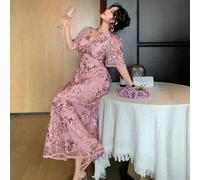 Shein Vestido largo de mujer con cuello en V, mangas de pétalo, encaje con lentejuelas y elegante, ideal para bodas y eventos de verano, vestido floral para