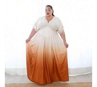 Shein Vestido largo de mujer de talla grande tipo amplio A con estampado degradado y lazo en el cuello en V, diseño versátil para salidas, playa, festivales