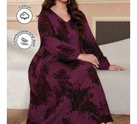 Shein Vestido largo de mujer de tallas grandes, de cuello en V, de manga farol, con estampado floral, suelto y recto, casual y recatado, para uso diario, vi
