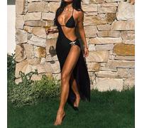 Shein Vestido largo de mujer negro con un hombro, abertura alta y aplicaciones metálicas de estrella de mar dorada - Vestido de fiesta sexy con recorte late