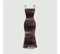 Shein Vestido largo de mujer tipo camiseta con efecto tie-dye degradado, cintura imperio, pliegues, escote tipo cami y bajo de sirena, look de verano