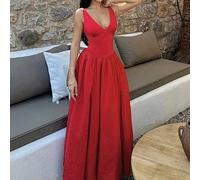 Shein Vestido largo de mujer Vaiaye con cuello en V profundo, sin mangas, cintura alta, corte evasé y fluido, en color rojo sexy, elegante para fiestas, bod