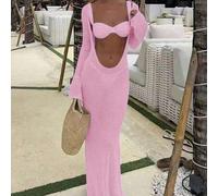 Shein Vestido largo de punto ajustado con escote en V y abertura para mujer, rosa, primavera-verano, estilo crochet, para playa, control de abdomen, holgado
