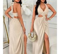 Shein Vestido largo de punto ajustado sin espalda y sin mangas de Amarilo, con diseño de abertura hasta el muslo, irradia un encanto seductor y elegante par