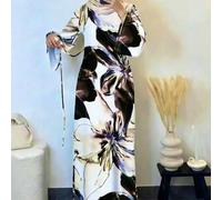 Shein Vestido largo de punto estampado árabe para mujer, manga acampanada de cuello redondo, vestido largo elegante de primavera