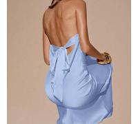 Shein Vestido largo de satén azul claro sin tirantes, sin espalda y con tiras de amarre, seductor y minimalista de verano, liso, para invitada de boda, fies