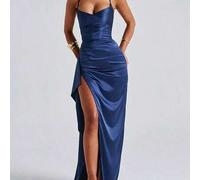 Shein Vestido largo de satén azul con fruncido y abertura para mujer, otoño, elegante vestido de fiesta para el Día de San Valentín, citas, fiestas & vacaci