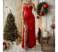 Shein Vestido largo de satén rojo con abertura para mujer, perfecto para bodas, ocasiones formales, Navidad, Nochevieja y talla grande fiestas de primavera