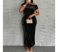 Shein Vestido largo de tela de punto de terciopelo de ajuste ceñido, de un solo hombro abierto, con pliegues delanteros, elegante para fiestas, citas y even