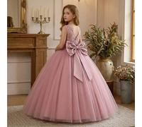 Shein Vestido largo de tul rosa elegante para niña preadolescente, vestido de gala con cuello en V, espalda descubierta, decoración de lentejuelas, gran laz
