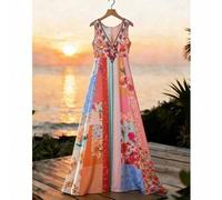 Shein Vestido largo de verano con cuello en V, estampado floral, patchwork, estilo de moda para vacaciones y casual, con ajuste en línea A, atuendo para act