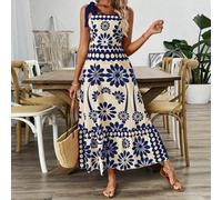 Shein Vestido largo de verano estilo bohemio vintage con hombros encajados, cintura recortada y estampado, para vacaciones y playa, look boho para mujer